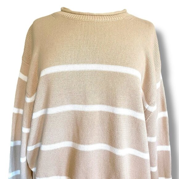 BRIT.NY Womens Sweater Sz Medium Large Tan White Stripe Cotton Roll Neck Preppy - Picture 3 of 7